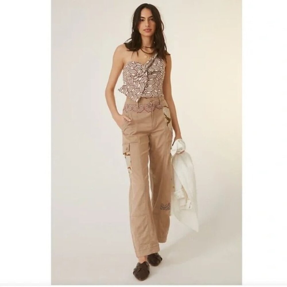 Anthropologie Tan Camo Patchwork Embroidered Rela… - image 1